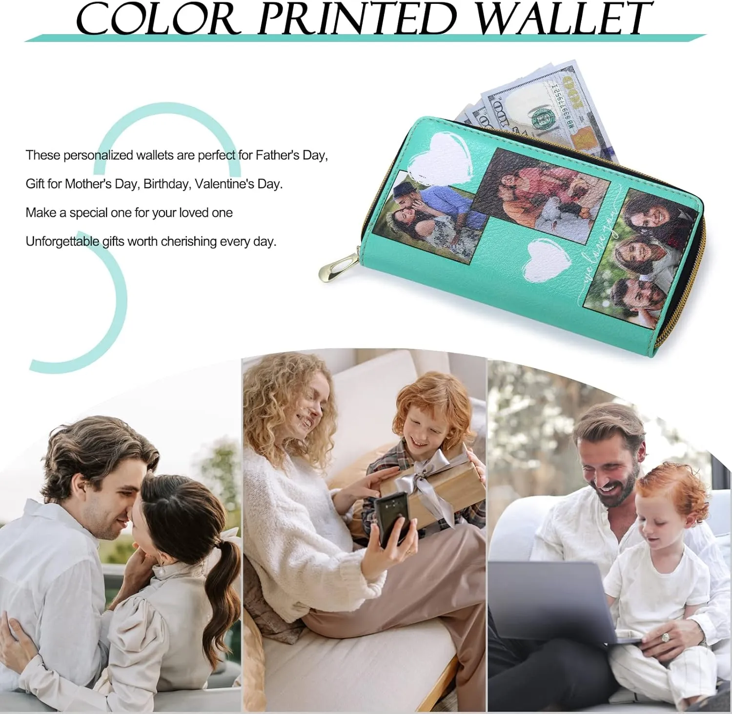 Personalized Leather Wallets for Women Custom Photo Wallet Holder Zipper Engraved Wallets Credit Card Clutch Wallet Valentine's Day Gifts for Mom Her (Style 1)