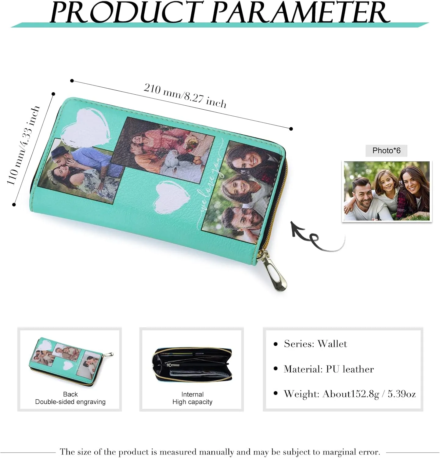 Personalized Leather Wallets for Women Custom Photo Wallet Holder Zipper Engraved Wallets Credit Card Clutch Wallet Valentine's Day Gifts for Mom Her (Style 1)