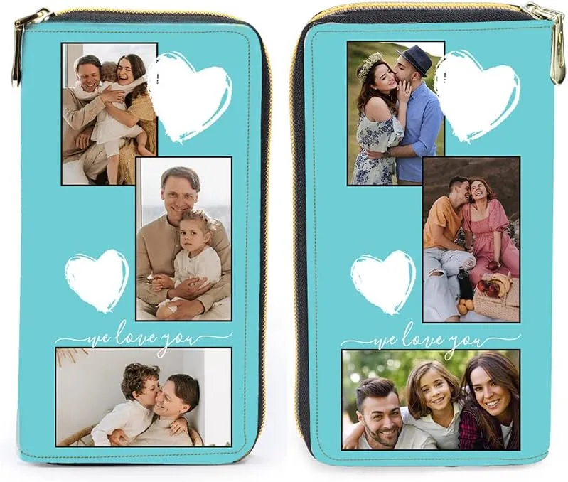 Personalized Leather Wallets for Women Custom Photo Wallet Holder Zipper Engraved Wallets Credit Card Clutch Wallet Valentine's Day Gifts for Mom Her (Style 1)