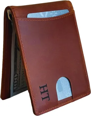 Personalized Minimalist Wallet For Men Custom Engraved Slim Wallet Customized Monogram Leather Wallet Gift For Father's Day Him Husband Boyfriend Dad Son Anniversary Graduation Birthday (CINNAMON)