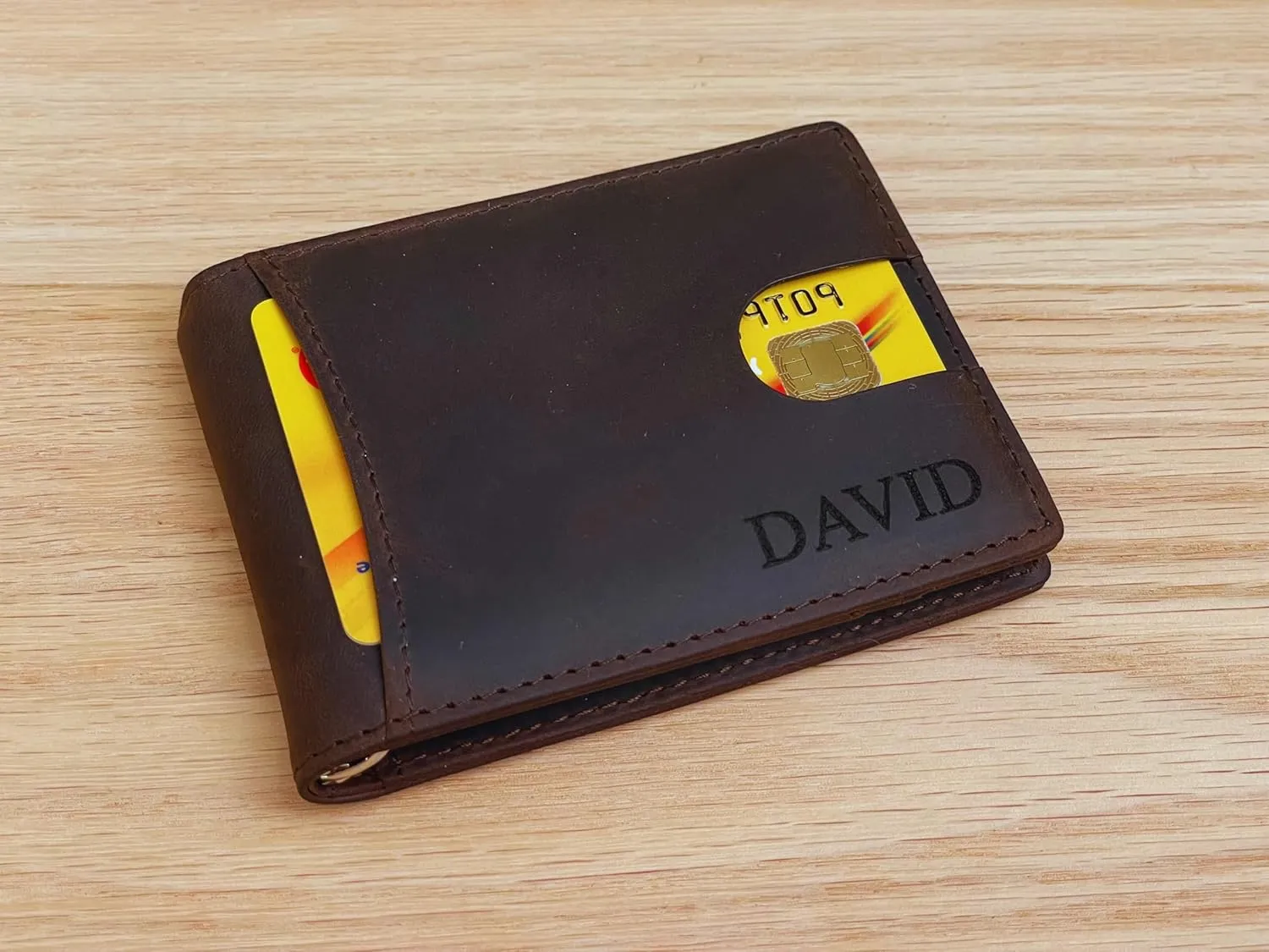 Personalized Minimalist Wallet For Men Custom Engraved Slim Wallet Customized Monogram Leather Wallet Gift For Father's Day Him Husband Boyfriend Dad Son Anniversary Graduation Birthday (CINNAMON)