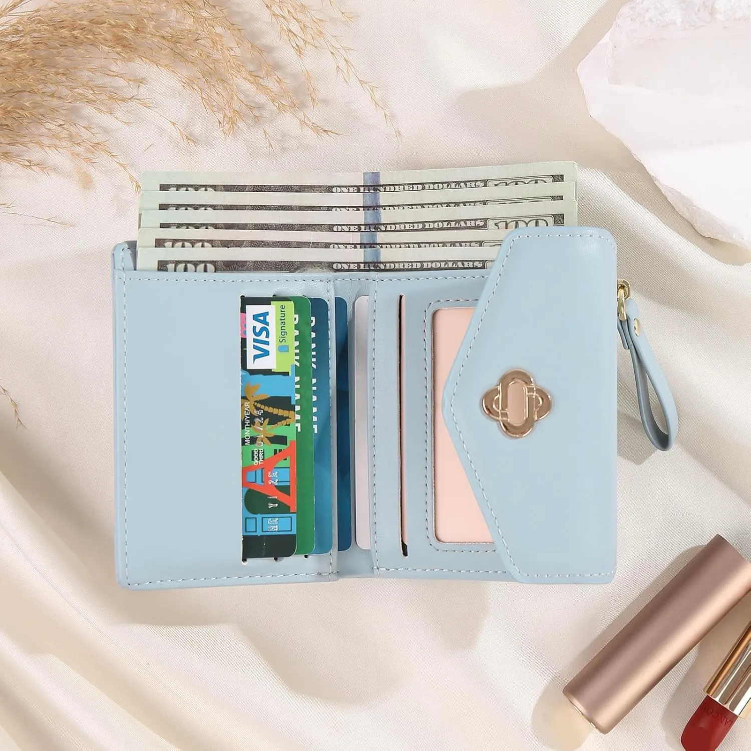 Personalized Photo Small Wallets for Women: Custom Name Picture Leather Womens Wallet - Zipper Coin Pocket Trifold Wallet - Birthday Mothers Day Christmas Gifts for Mom Grandma Ladies (W2-Light Blue)