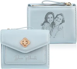 Personalized Photo Small Wallets for Women: Custom Name Picture Leather Womens Wallet - Zipper Coin Pocket Trifold Wallet - Birthday Mothers Day Christmas Gifts for Mom Grandma Ladies (W2-Light Blue)