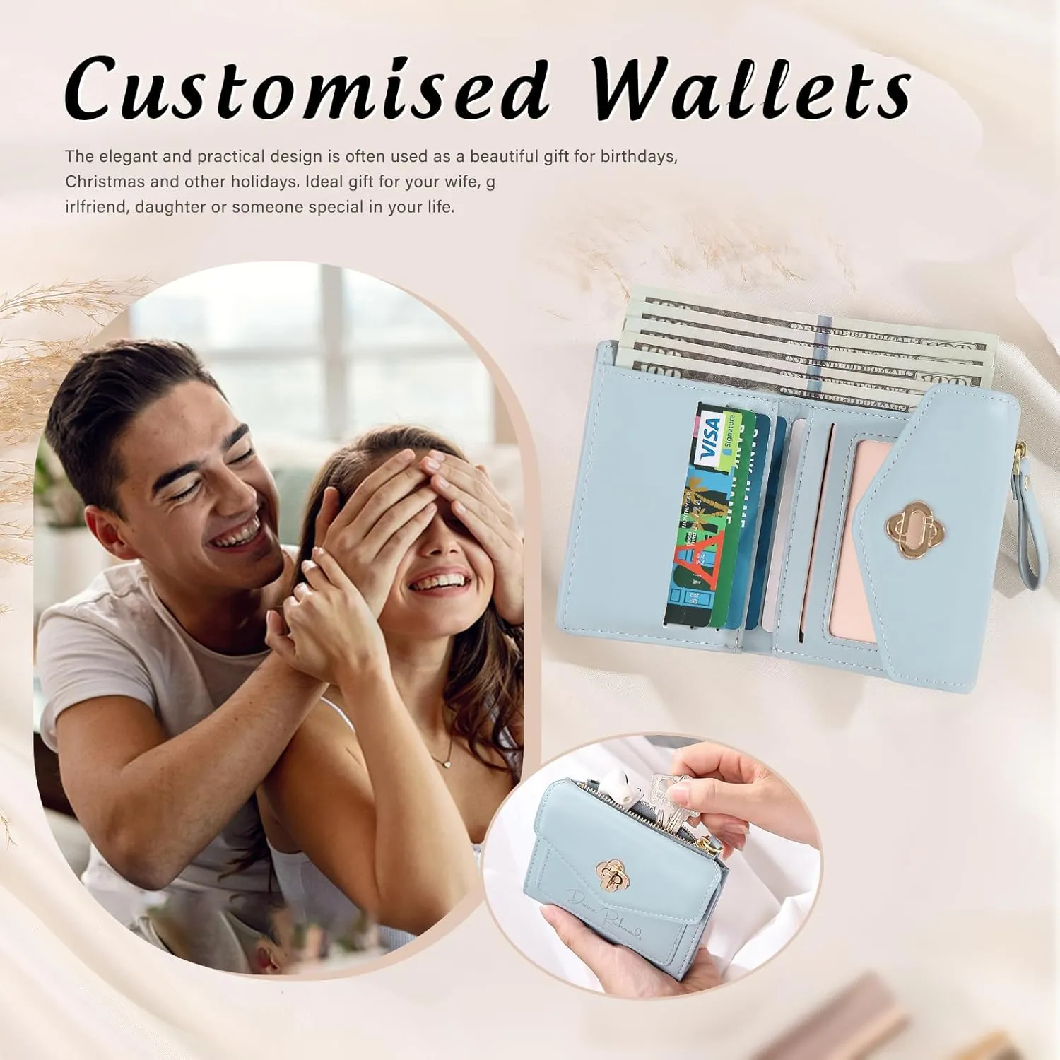 Personalized Photo Small Wallets for Women: Custom Name Picture Leather Womens Wallet - Zipper Coin Pocket Trifold Wallet - Birthday Mothers Day Christmas Gifts for Mom Grandma Ladies (W2-Light Blue)