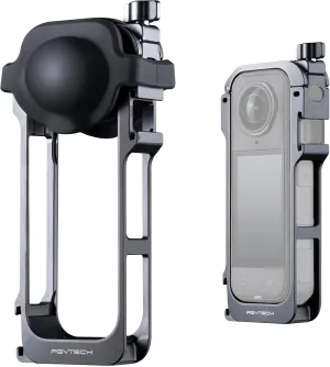 PGYTECH Camera Cage for Insta360 X5, Durable Aluminum Alloy Protective Case with Quick Release Knob, Built-in Cold Shoe Mounts and 1/4" Threads, Silicone Lens Cover Action Camera Frame