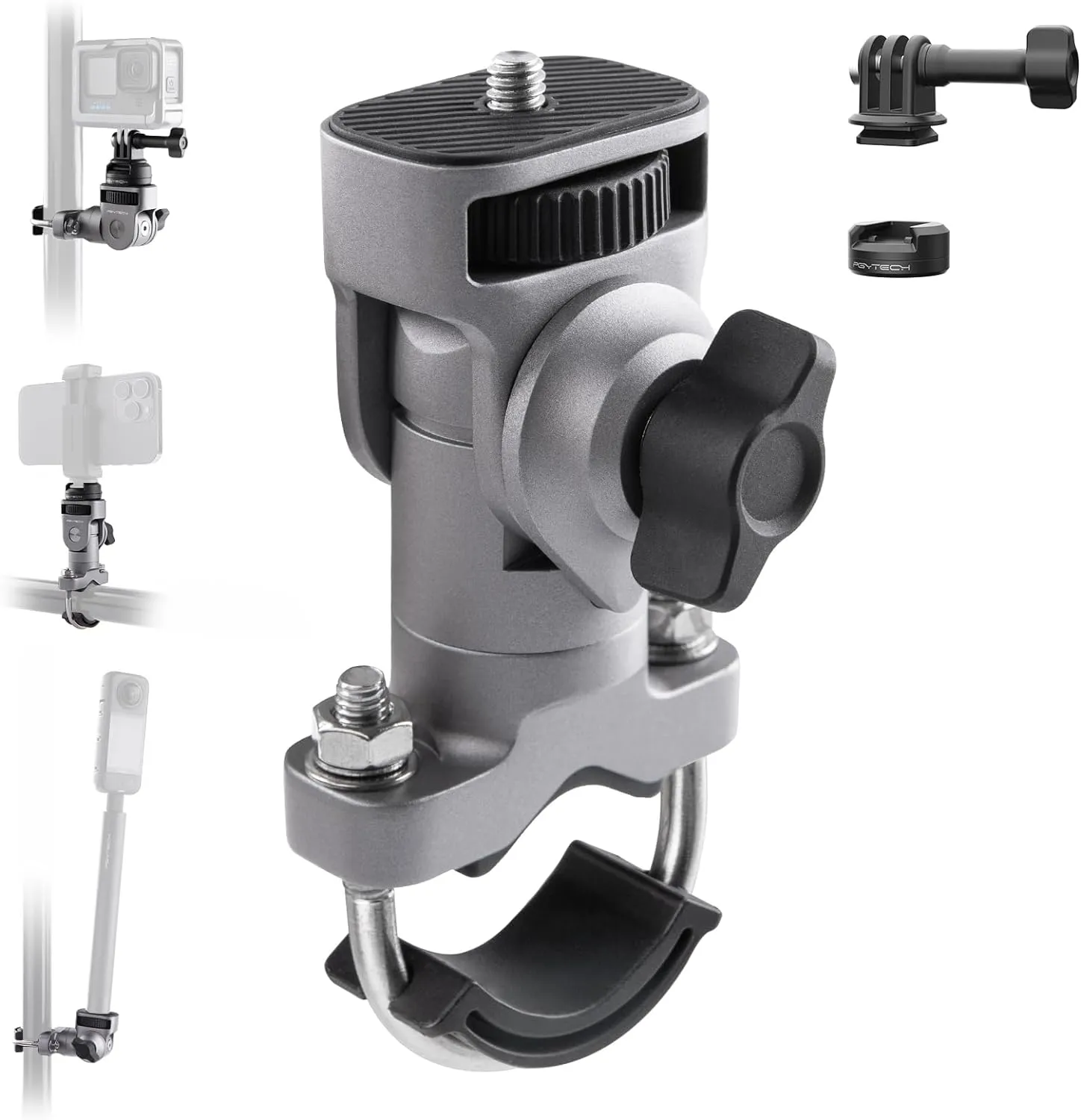 PGYTECH CapLock U-Bolt Mount Aluminum Alloy Bracket for Insta360 Ace Pro 2/X5/X4/X3, 2 Cushion Block Motorcycle Bike Mount with 1/4" Thread for Gopro/Osmo Action/Pocket Action Camera Accessories