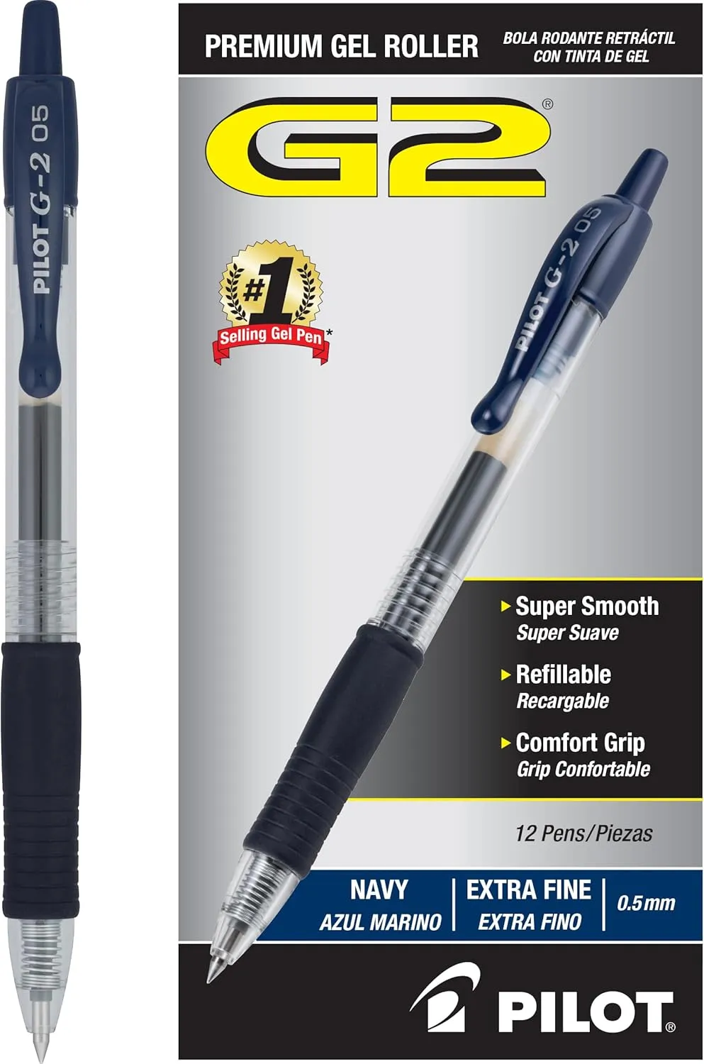 Pilot, G2 Premium Gel Roller Pens, Extra Fine Point 0.5 mm, Pack of 12, Navy