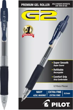 Pilot, G2 Premium Gel Roller Pens, Extra Fine Point 0.5 mm, Pack of 12, Navy