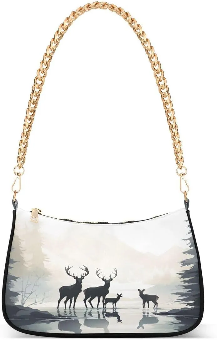 Pine Tree Lake Deer Tote Bag Hobo Handbag for Women Ladies Shoulder Bag Mini Clutch Purse with Zipper Closure