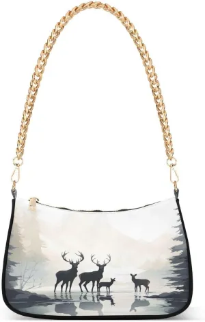 Pine Tree Lake Deer Tote Bag Hobo Handbag for Women Ladies Shoulder Bag Mini Clutch Purse with Zipper Closure