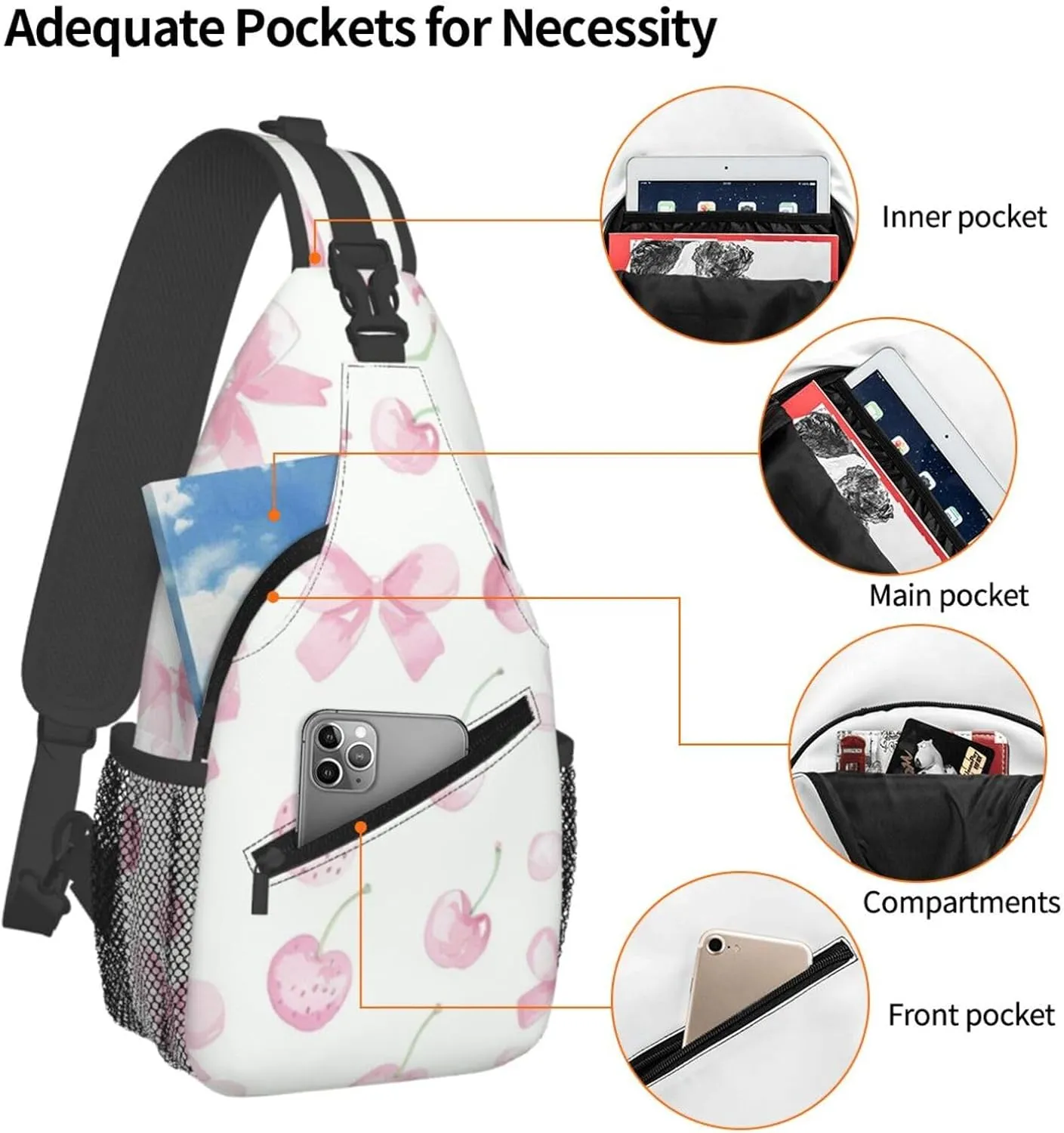 Pink Bows Backpack Travel Hiking Daypack Chest Bags Crossbody Shoulder Bag