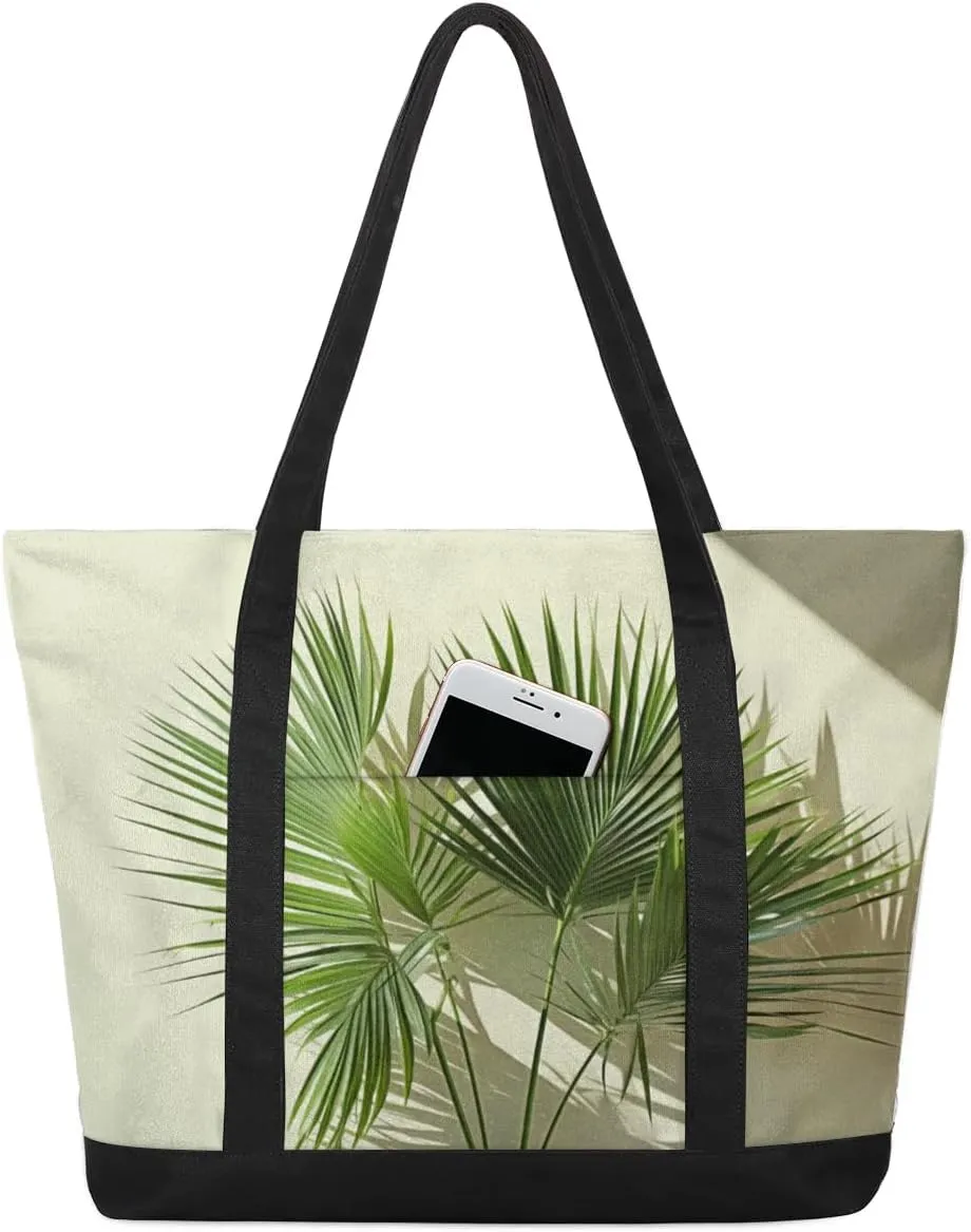 Plant Coniferous Leaves Tote Bag for Women Work Canvas Travel Tote Bags with Zipper Large Capacity Casual Handbag with Inner Pockets Reusable Shopping Shoulder Bag for Teacher Nurse
