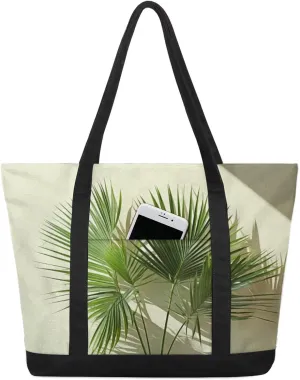 Plant Coniferous Leaves Tote Bag for Women Work Canvas Travel Tote Bags with Zipper Large Capacity Casual Handbag with Inner Pockets Reusable Shopping Shoulder Bag for Teacher Nurse