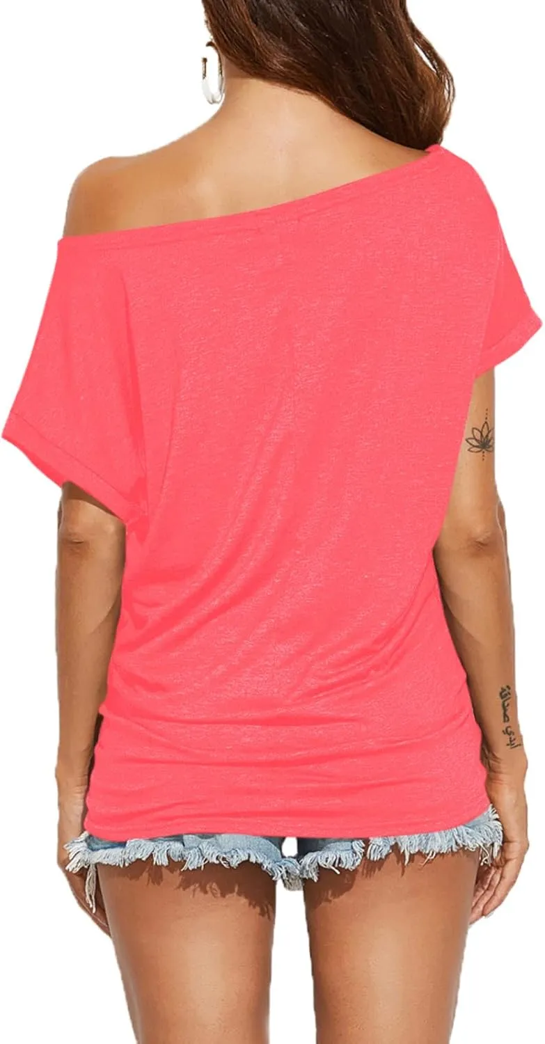 Poetsky Women's Summer Off Shoulder Shirts Casual Loose Short Sleeve Tunics Tops