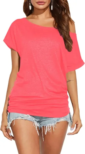 Poetsky Women's Summer Off Shoulder Shirts Casual Loose Short Sleeve Tunics Tops