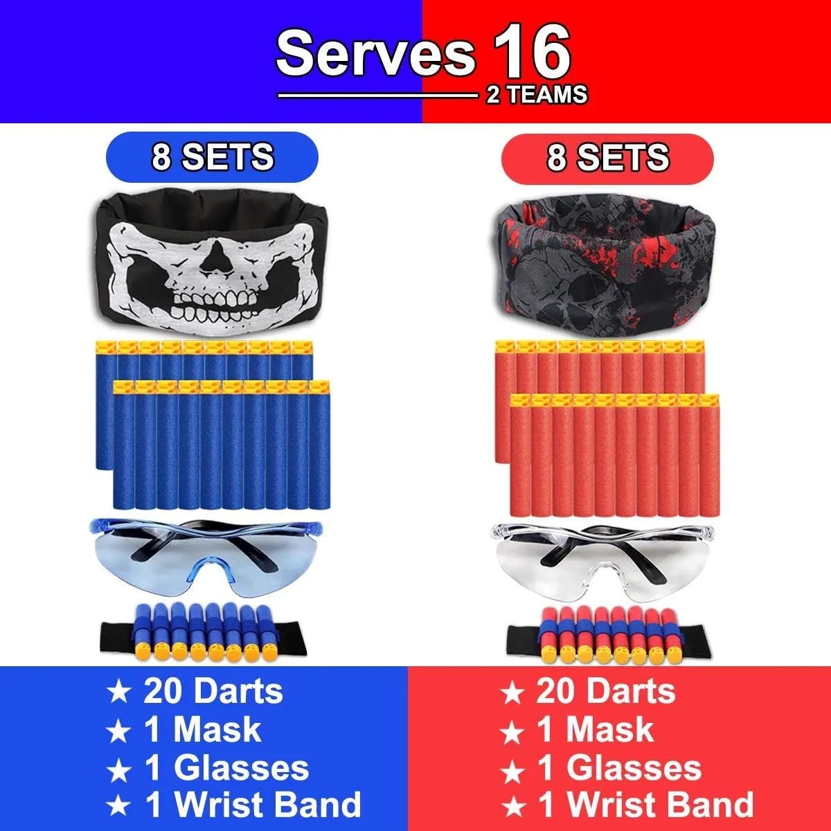 POKONBOY Compatible with Nerf Party Supplies - 16 Sets Gun Accessories for Boys - Tactical Glasses, Face Mask, Wrist Bands, Darts, and More