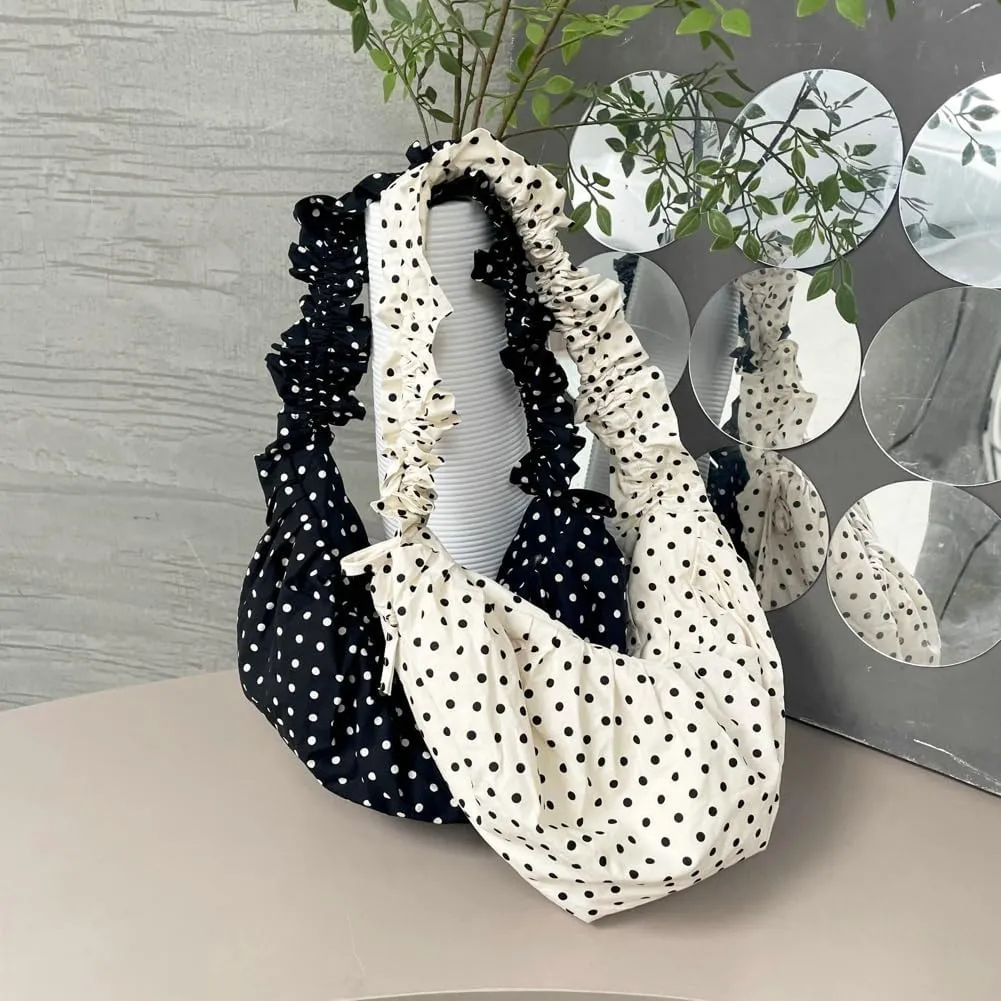 Polka Dot Crossbody Bags for Women Floppy Korean Style Purse Soft Dumpling Bag Shoulder Bag Hobo Bag with Adjustable Strap