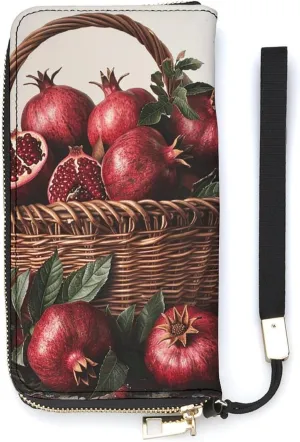 Pomegranates in Basket Leather Wallet for Men Women Slim Vertical Purse Long Wallet with Zipper Card Holder