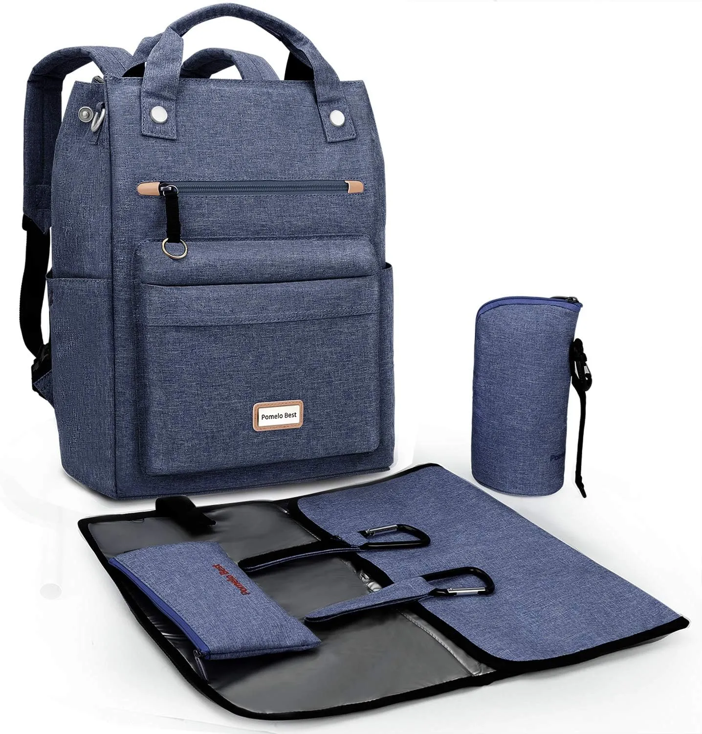 Pomelo Best Baby Diaper Bag Backpack, Large Capacity Multifunction Travel Pack with Waterproof Changing Pad, stroller hook with velcro, insulated bottle holder, utensil pocket, Dark Blue