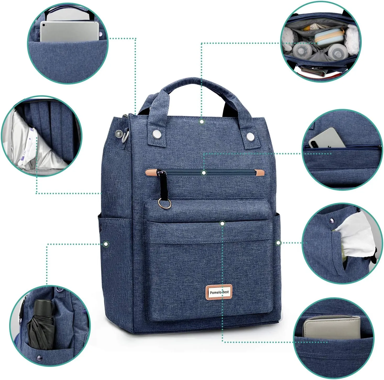 Pomelo Best Baby Diaper Bag Backpack, Large Capacity Multifunction Travel Pack with Waterproof Changing Pad, stroller hook with velcro, insulated bottle holder, utensil pocket, Dark Blue