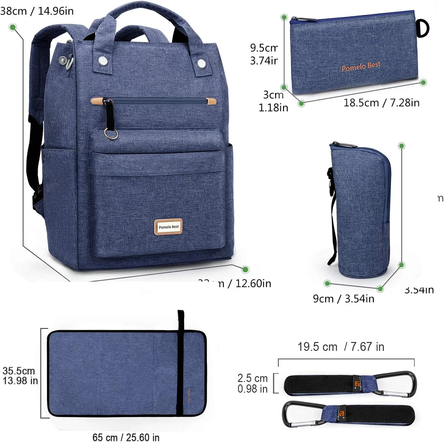 Pomelo Best Baby Diaper Bag Backpack, Large Capacity Multifunction Travel Pack with Waterproof Changing Pad, stroller hook with velcro, insulated bottle holder, utensil pocket, Dark Blue