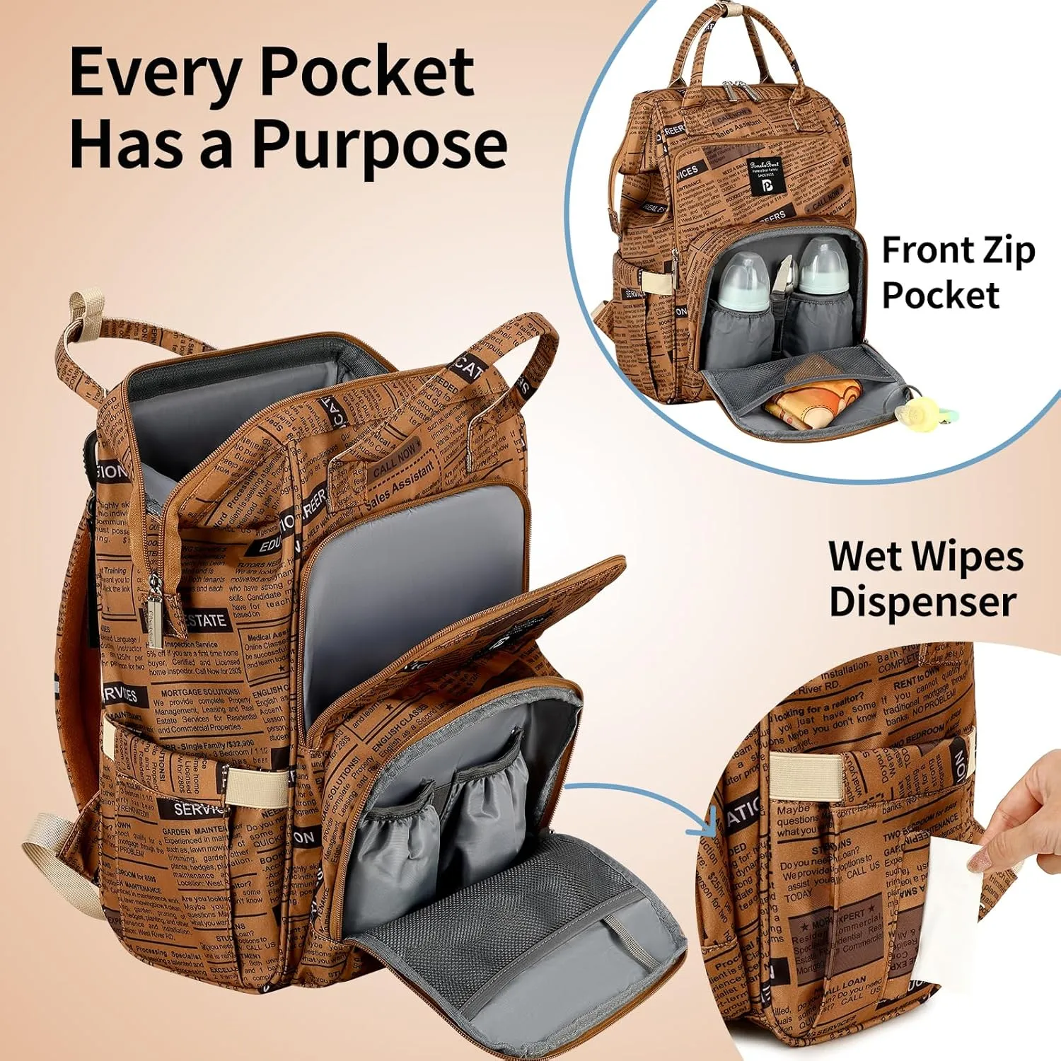 Pomelo Best Diaper Bag Backpack Stylish Waterproof Multifunctional Large Baby Bag with Changing Mat and Stroller Straps (Newspaper)