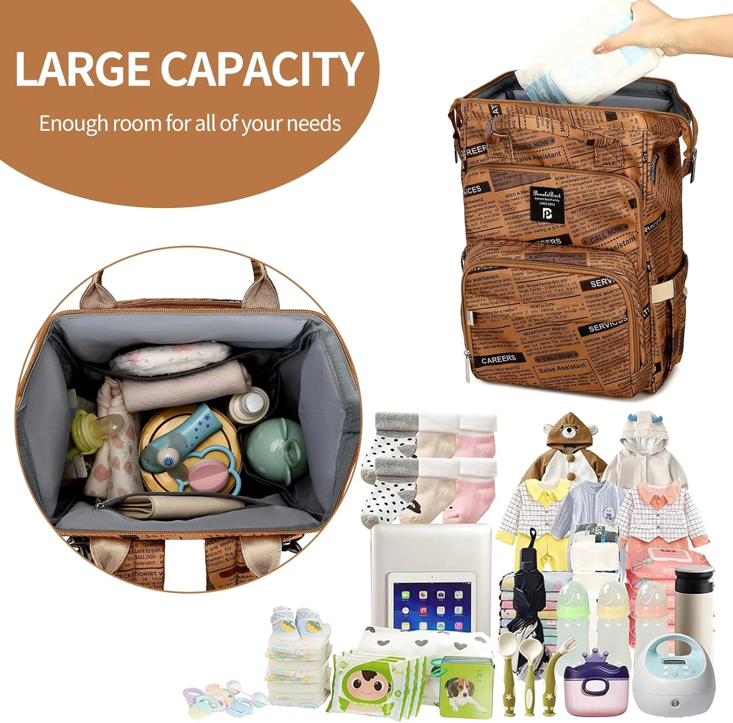 Pomelo Best Diaper Bag Backpack Stylish Waterproof Multifunctional Large Baby Bag with Changing Mat and Stroller Straps (Newspaper)