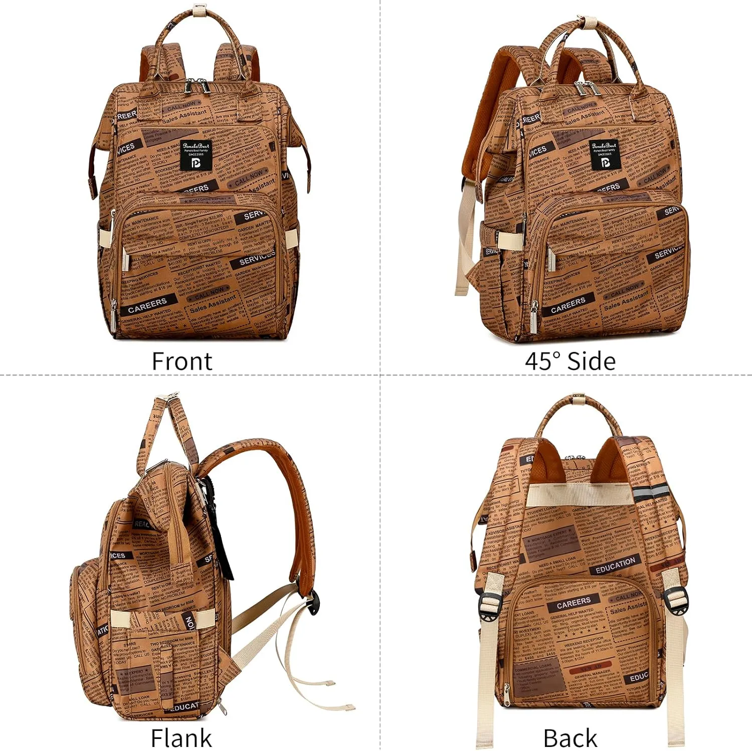 Pomelo Best Diaper Bag Backpack Stylish Waterproof Multifunctional Large Baby Bag with Changing Mat and Stroller Straps (Newspaper)