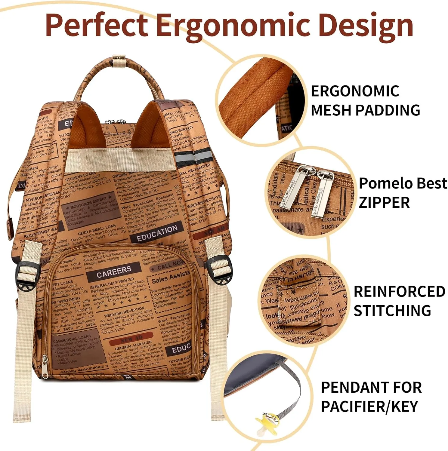 Pomelo Best Diaper Bag Backpack Stylish Waterproof Multifunctional Large Baby Bag with Changing Mat and Stroller Straps (Newspaper)