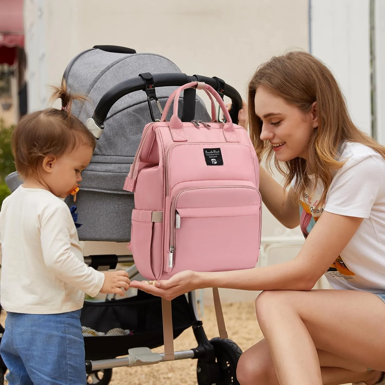 Pomelo Best Diaper Bag Backpack Stylish Waterproof Multifunctional Large Baby Bag with Changing Mat and Stroller Straps (Pink‌)