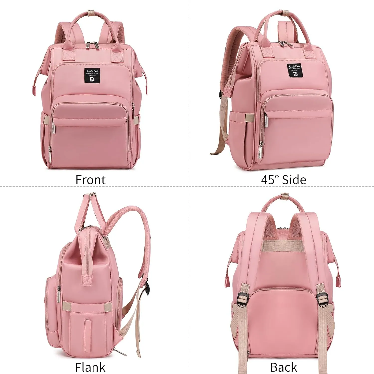 Pomelo Best Diaper Bag Backpack Stylish Waterproof Multifunctional Large Baby Bag with Changing Mat and Stroller Straps (Pink‌)