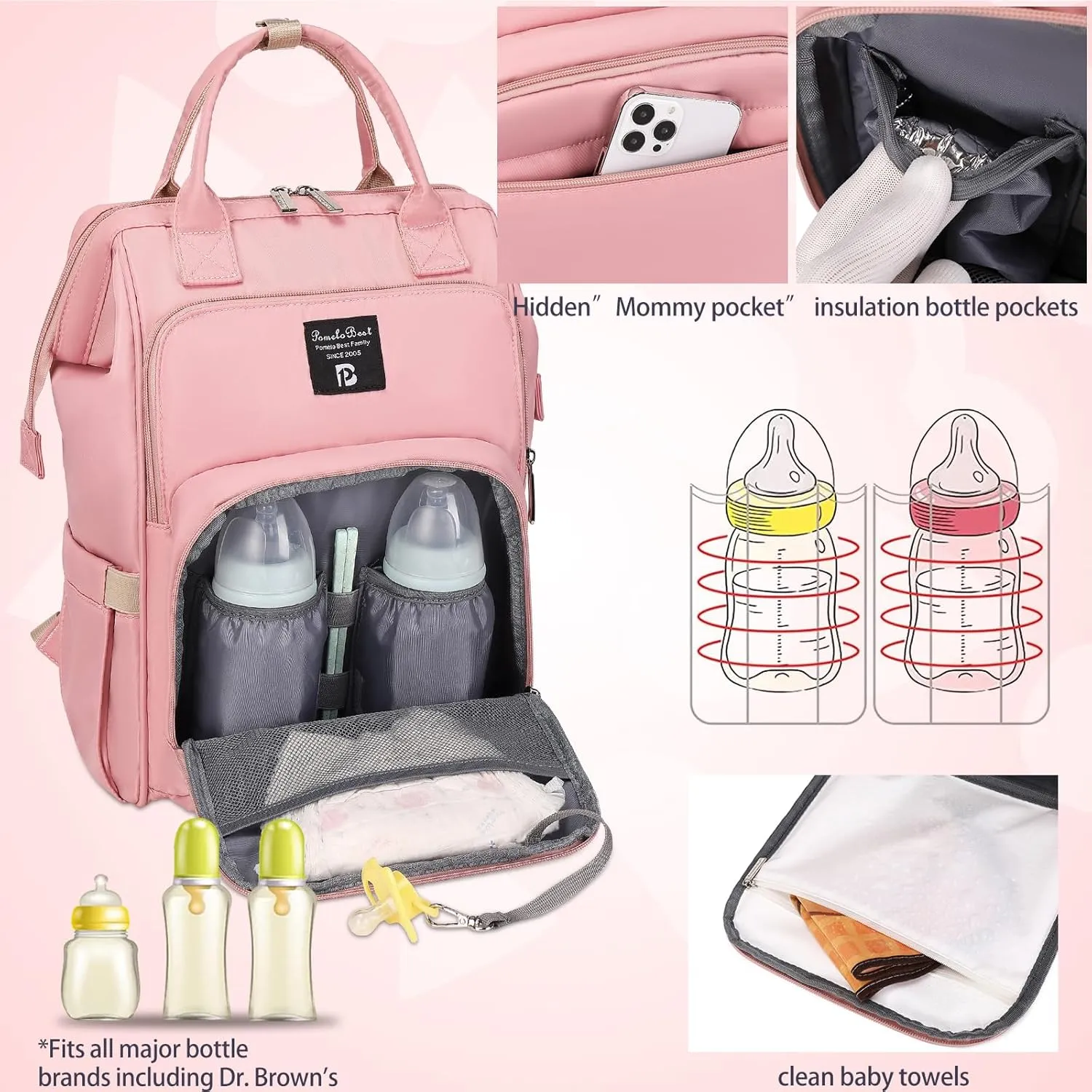 Pomelo Best Diaper Bag Backpack Stylish Waterproof Multifunctional Large Baby Bag with Changing Mat and Stroller Straps (Pink‌)