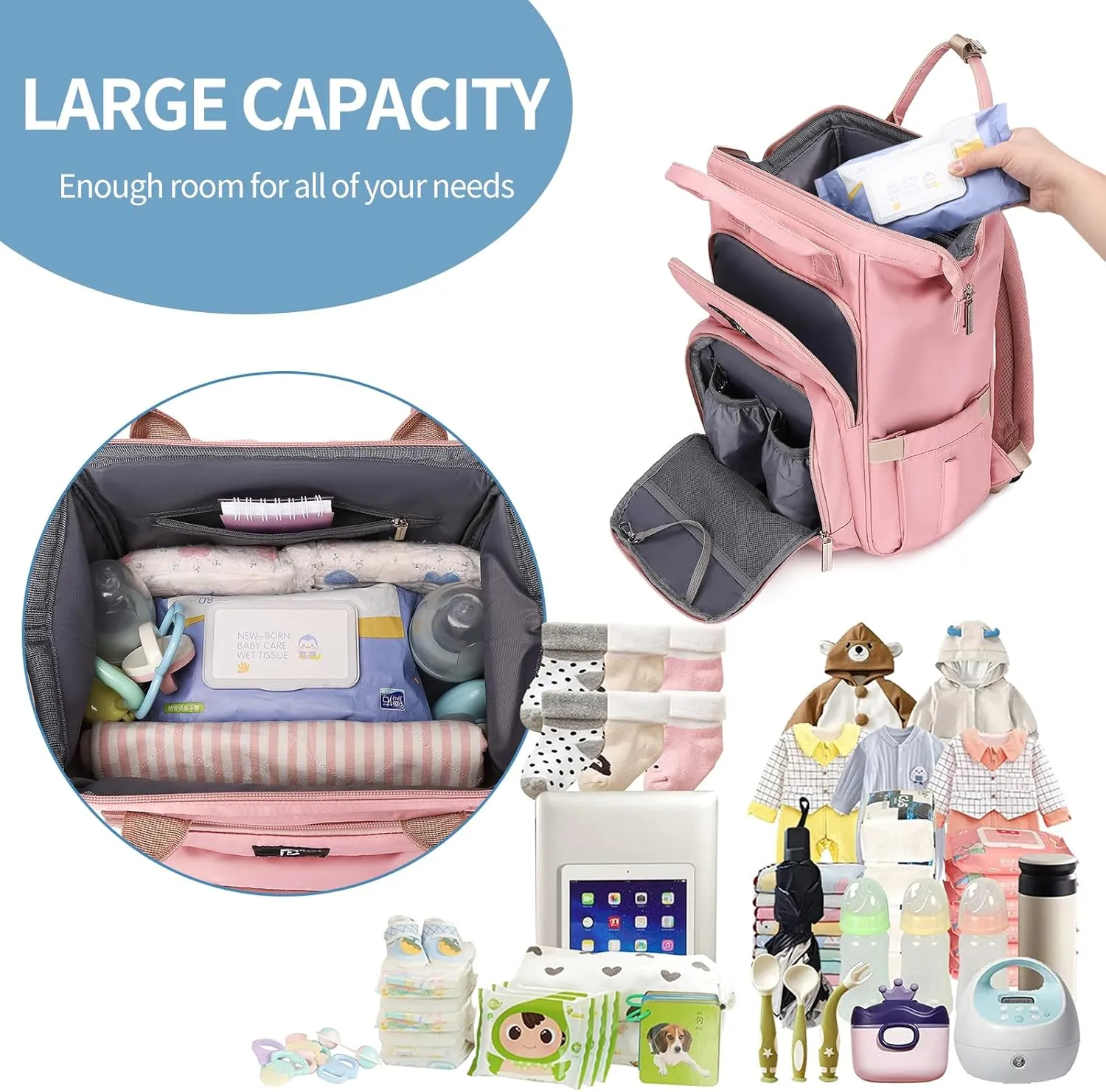 Pomelo Best Diaper Bag Backpack Stylish Waterproof Multifunctional Large Baby Bag with Changing Mat and Stroller Straps (Pink‌)
