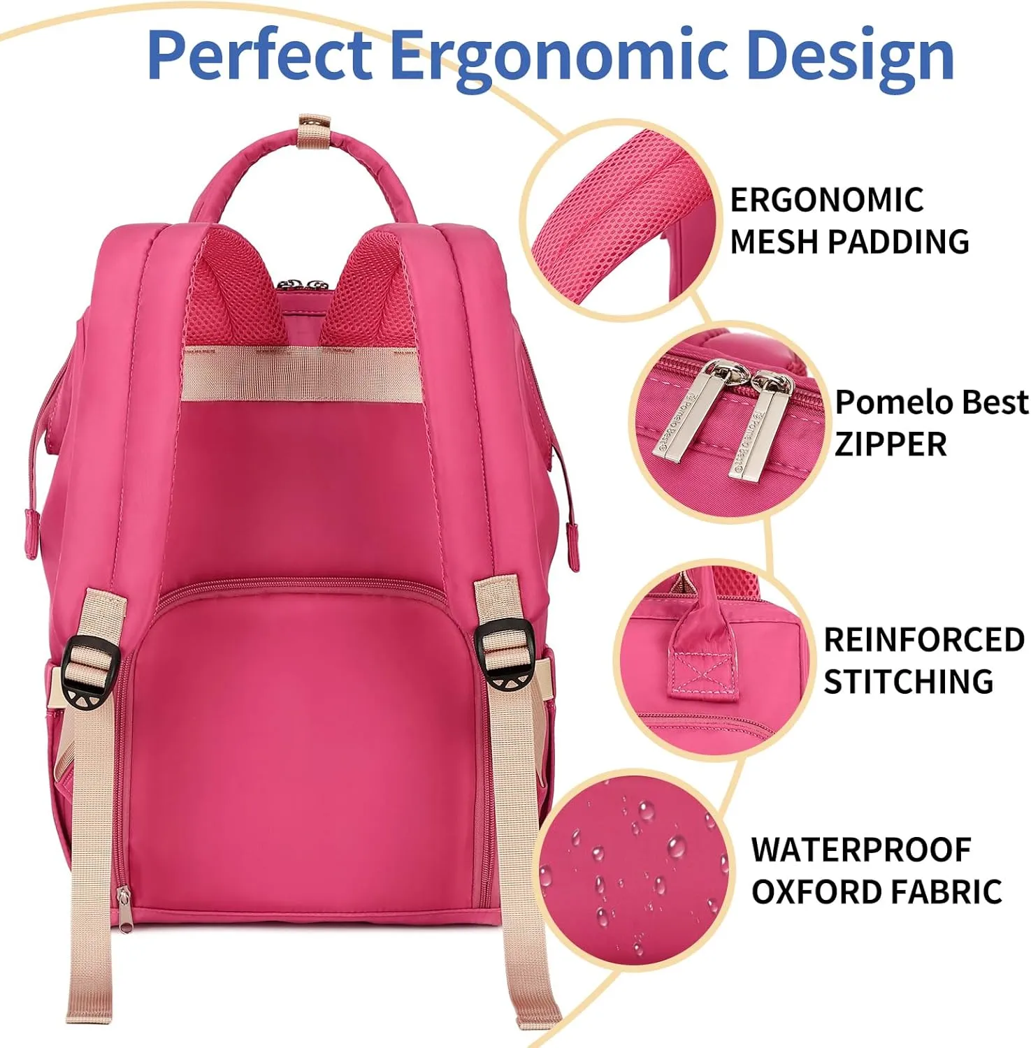 Pomelo Best Diaper Bag Backpack Stylish Waterproof Multifunctional Large Baby Bag with Changing Mat and Stroller Straps (Rosy Red)