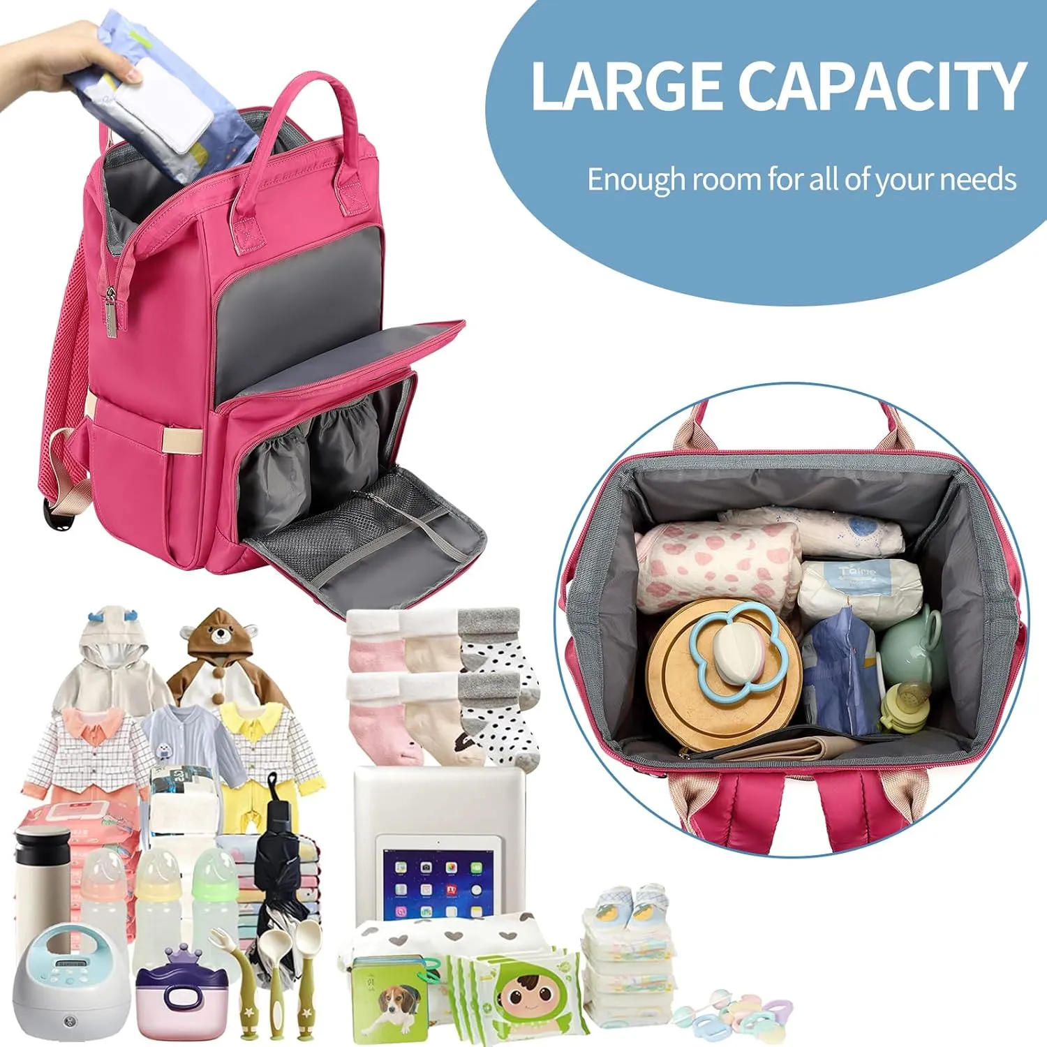 Pomelo Best Diaper Bag Backpack Stylish Waterproof Multifunctional Large Baby Bag with Changing Mat and Stroller Straps (Rosy Red)