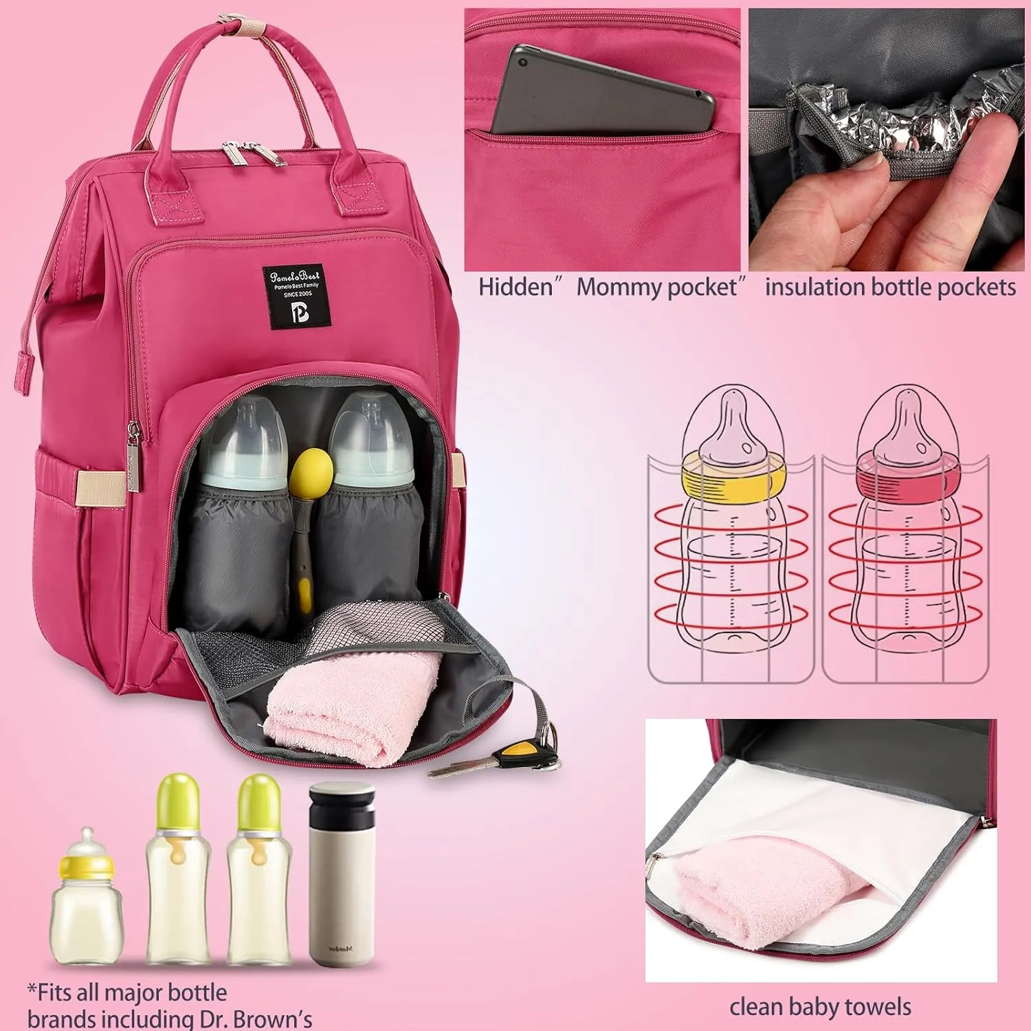 Pomelo Best Diaper Bag Backpack Stylish Waterproof Multifunctional Large Baby Bag with Changing Mat and Stroller Straps (Rosy Red)