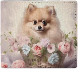 Pomeranian Puppy Basket Flowers Leather Wallet for Men Women Bifold Wallets with Credit Card Holder Cute Printed Front Pocket
