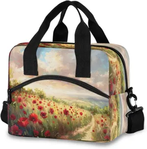 Poppies Field Lunch Box for Men Women Adults Insulated Lunch Bag Cooler Bag with Adjustable Shoulder Strap for Work Picnic Travel