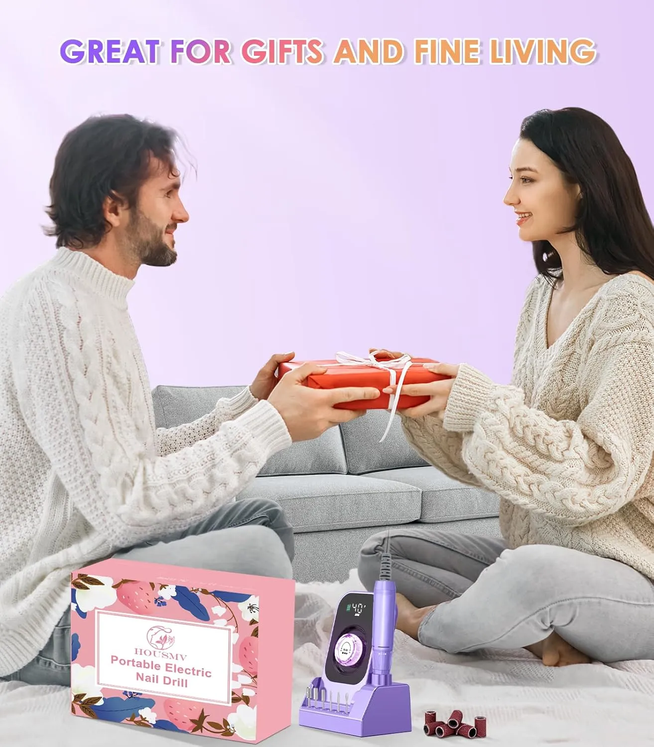 Portable Electric Nail Drill Machine: Professional Nail File Machine 40000RPM, Rechargeable Cordless Nail-E File with Bits & Base for Acrylic Nails Remove Gel Polish Manicure Salon Home, Light Purple
