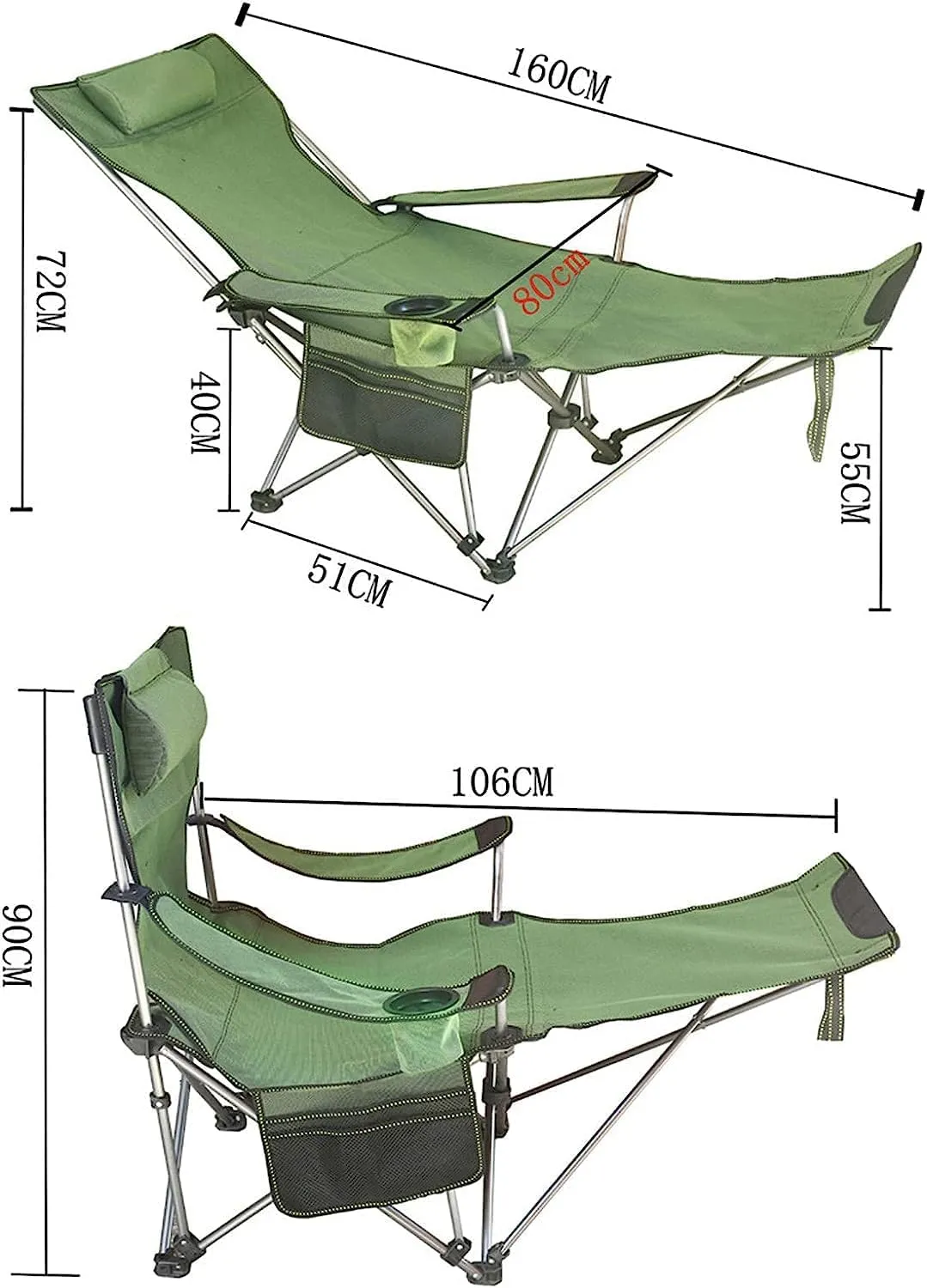 Portable Folding Chair Camping Lounge Chair Portable Reclining Camping Chair Folding Seat with Footrest with Headrest Storage Bag Adjustable Folding Chair(Green)