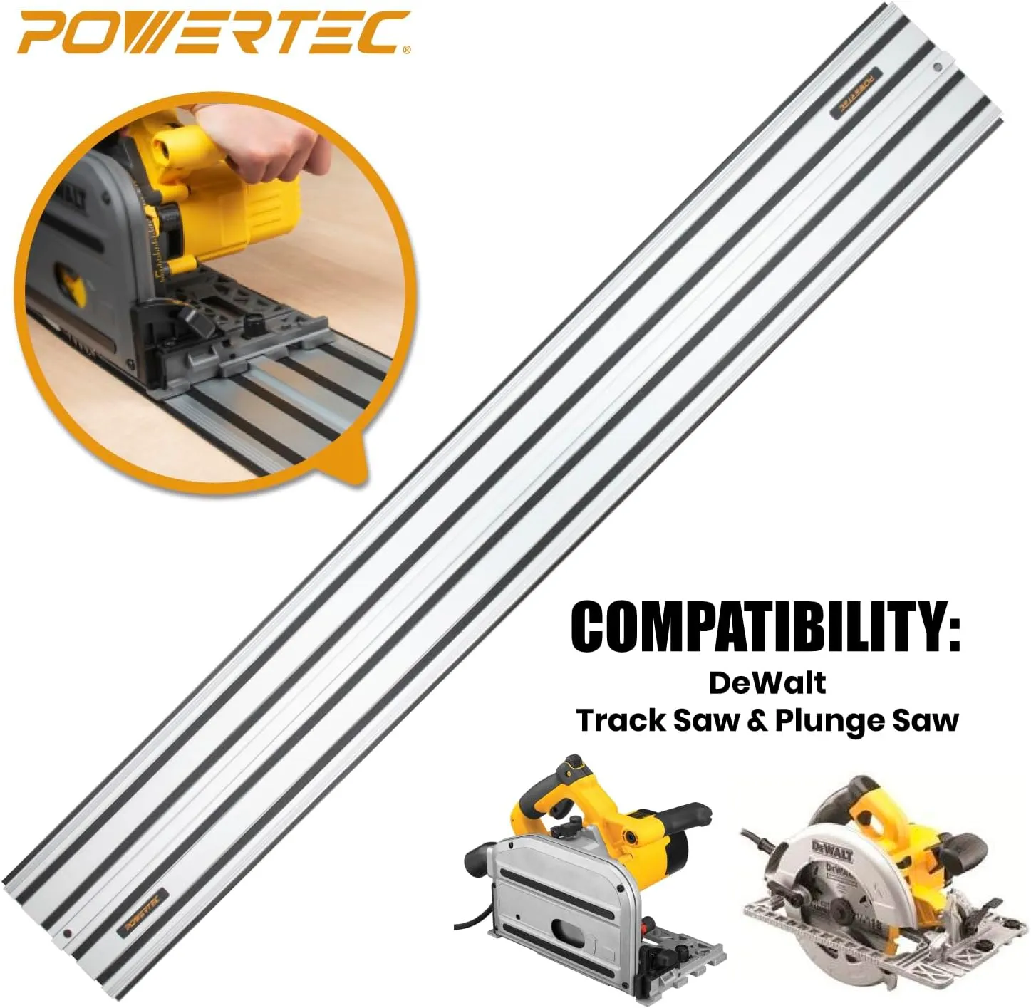 POWERTEC 110" Track Saw Guide Rail Connector Set with Protective Bag for DeWalt Track Saws | Includes 2x55" Aluminum Extruded Guide Rails and (1) Guide Rail Connector for Woodworking Projects (71961)