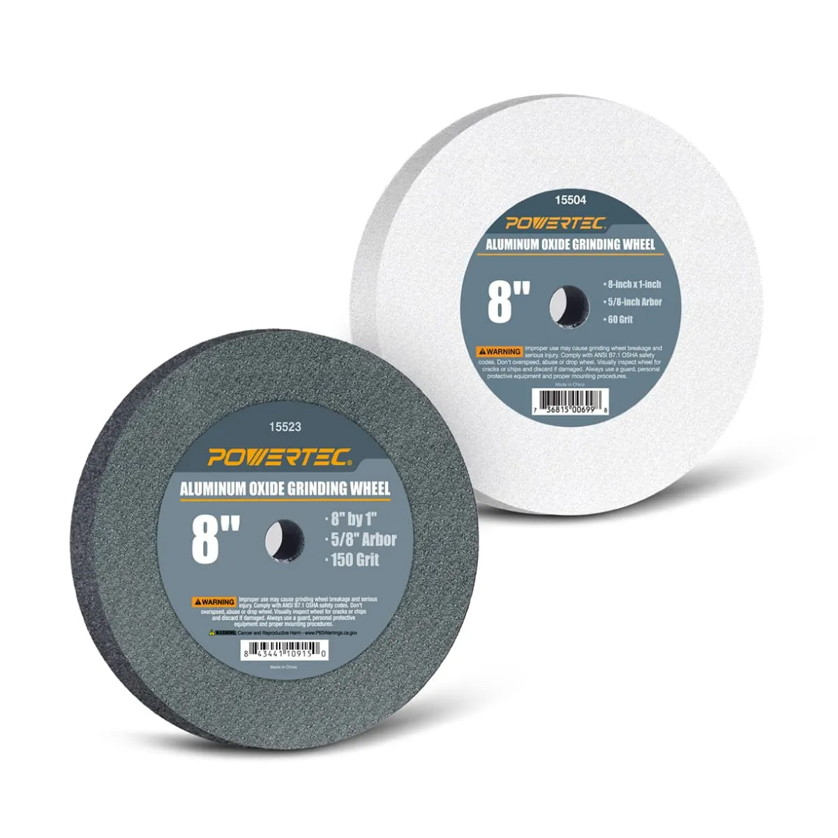 POWERTEC Bench Grinder Wheel 8 Inch 60 & 150 Grit, White Aluminum Oxide Grinding Wheel for Bench and Pedestal Grinder, 1" Thick 5/8" Arbor, Sharpening & Shaping Drill Bits, Blade, Chisel, 2PK (15528)