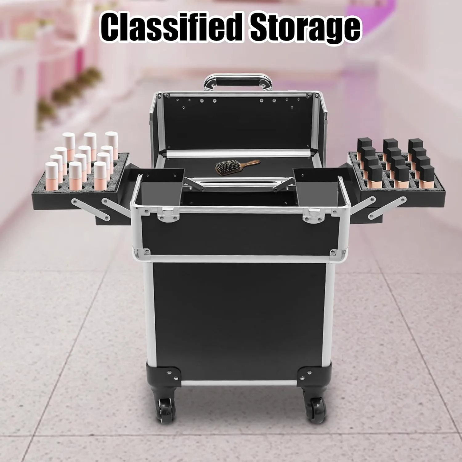 Professional Makeup Train Case,Aluminum Cosmetic Case Rolling Makeup Trolley Case for Travel Makeup/Nail Art/Hair Styling