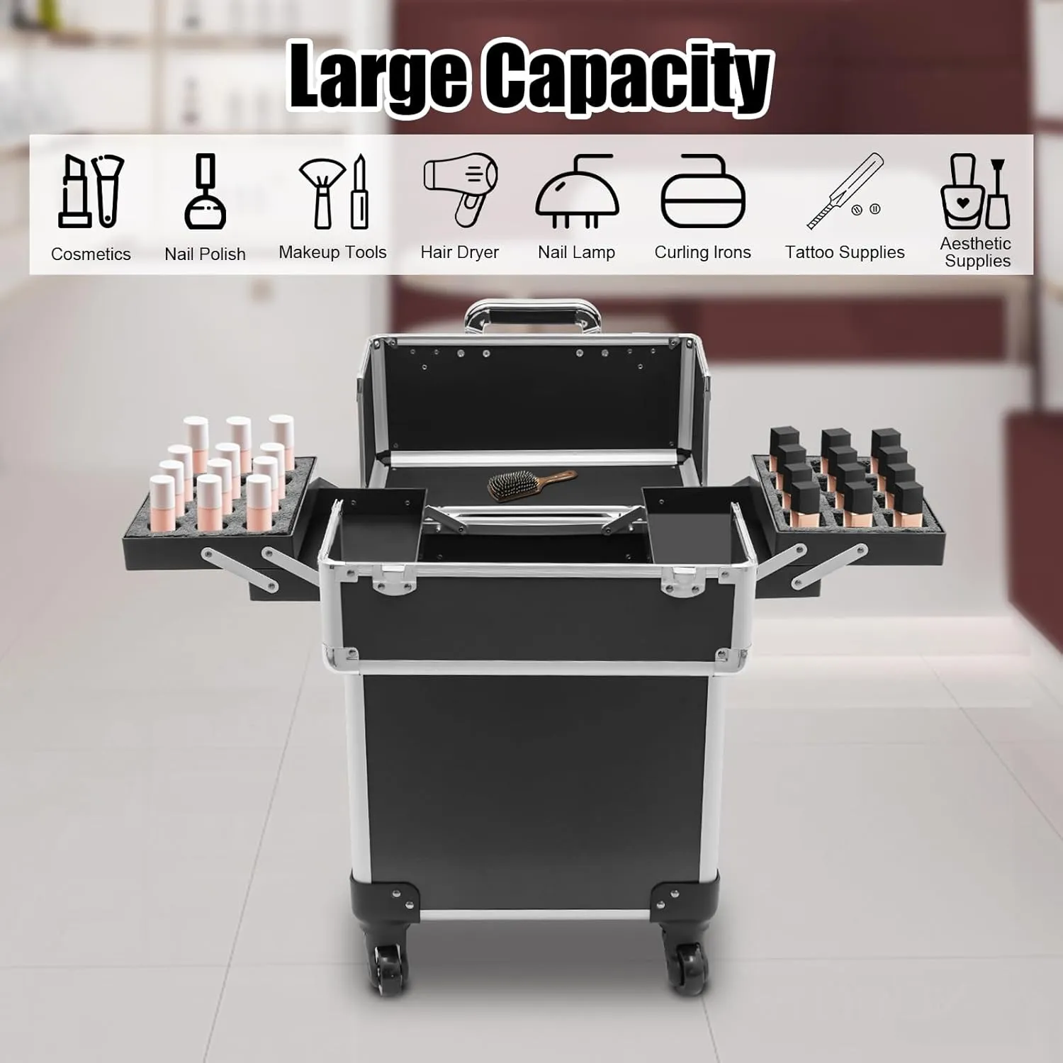 Professional Makeup Train Case,Aluminum Cosmetic Case Rolling Makeup Trolley Case for Travel Makeup/Nail Art/Hair Styling