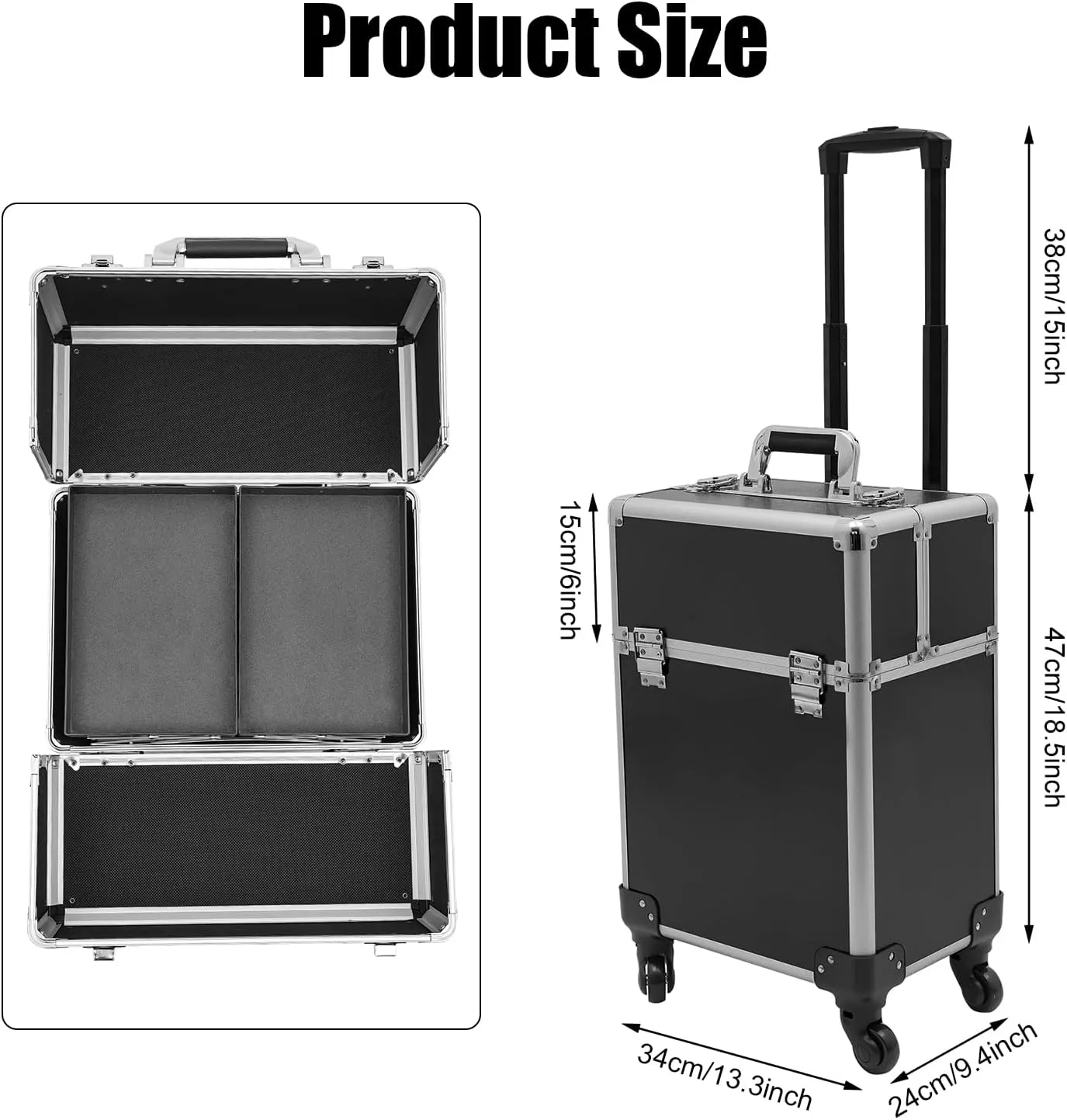 Professional Makeup Train Case,Aluminum Cosmetic Case Rolling Makeup Trolley Case for Travel Makeup/Nail Art/Hair Styling