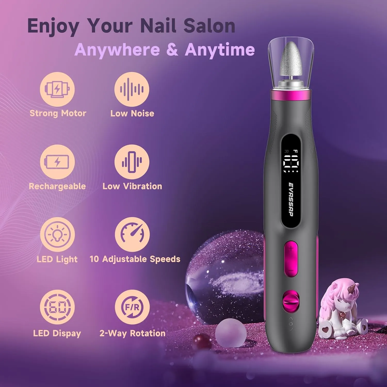Professional Nail Drill,Electric Nail File kit for Acrylic Gel Nails,Electric Manicure and Pedicure Tools,10 Speeds Nail Care Gift for Trimmer,Grinder,Buffer(Black)