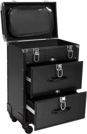 Professional Rolling Makeup Train Case Cosmetic Trolley Makeup Storage Organizer, Large Storage Cosmetic Trolley, with Key Swivel Wheels Salon Barber Case Traveling Cart Trunk (Black)