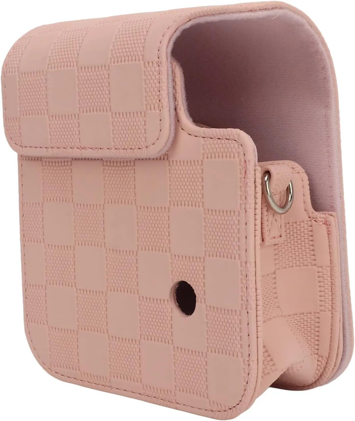 PU Leather Camera Bag Protective Case for Mini 12 with Removable Top Cover Adjustable Shoulder Strap Vintage Checkerboard Print Design (Pink)