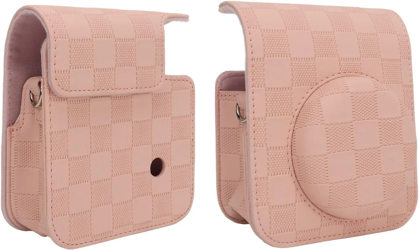 PU Leather Camera Bag Protective Case for Mini 12 with Removable Top Cover Adjustable Shoulder Strap Vintage Checkerboard Print Design (Pink)