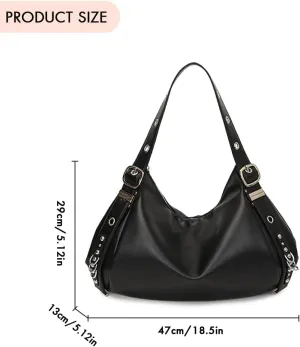 PU Leather Shoulder Bag Street Fashion Tote Handbag Rivet Handle Bag for Women with Adjustable Strap